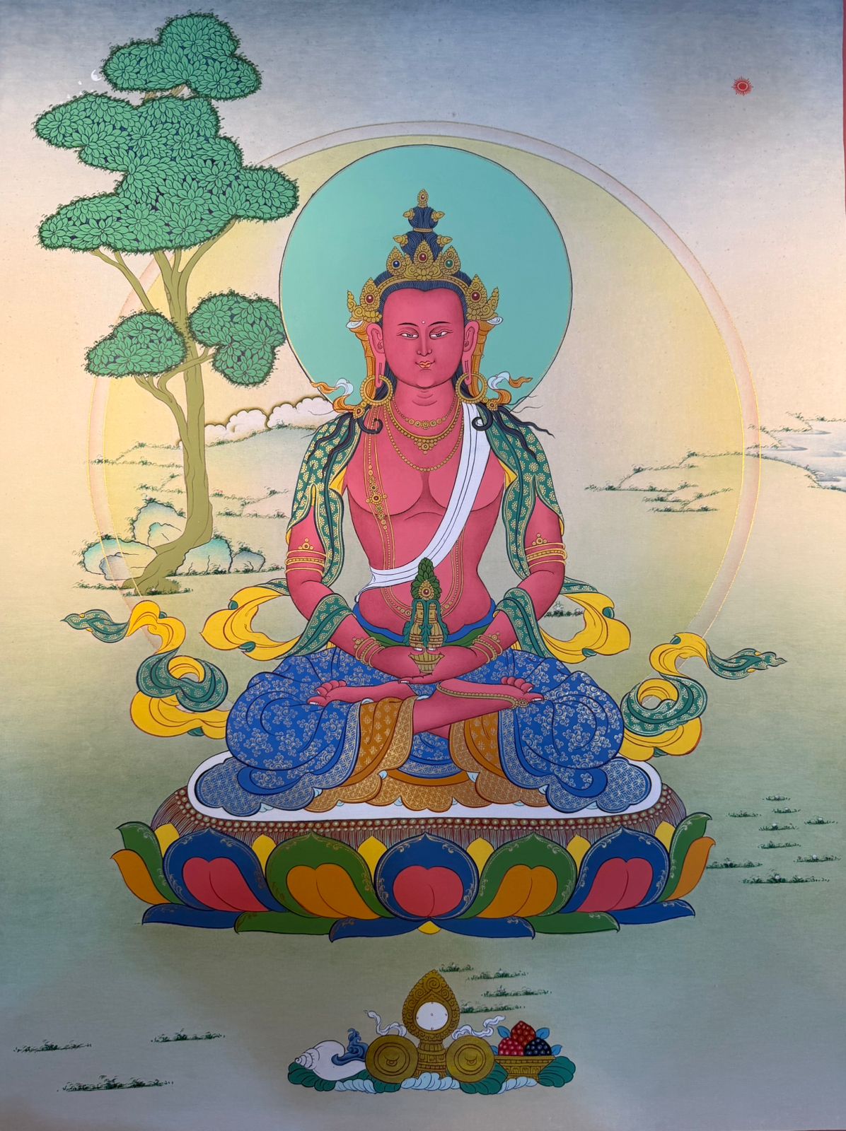 Buddha thangka painting showing a seated figure with lotus base, colorful robes, and halo