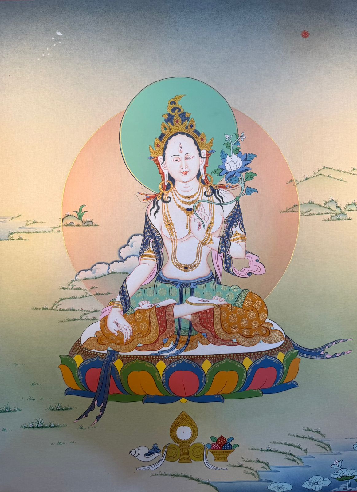 White Tara thangka painting with seated deity and halo