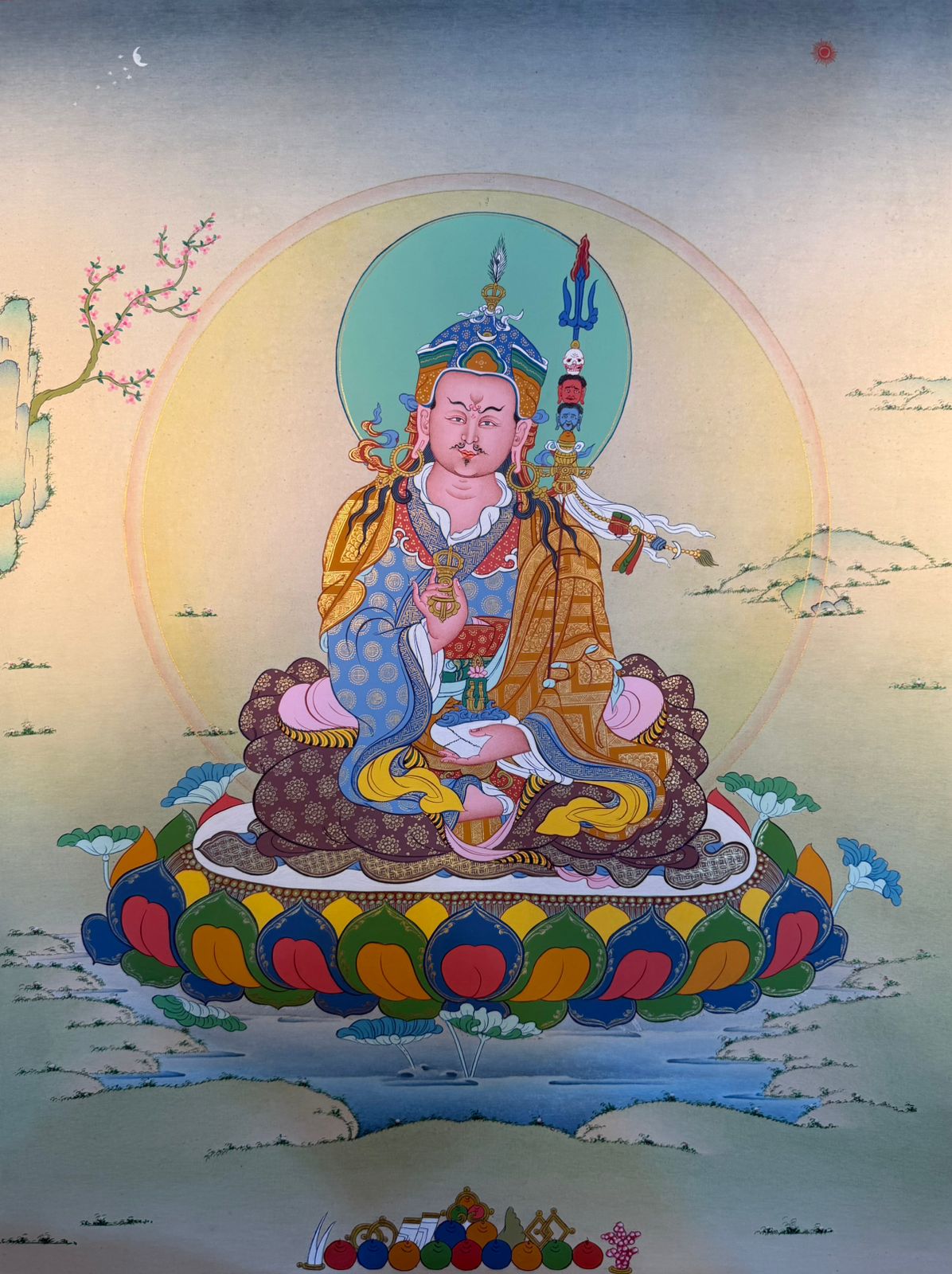 Thangka painting of Guru Rinpoche, seated figure with halo and blue robes, ornate colors