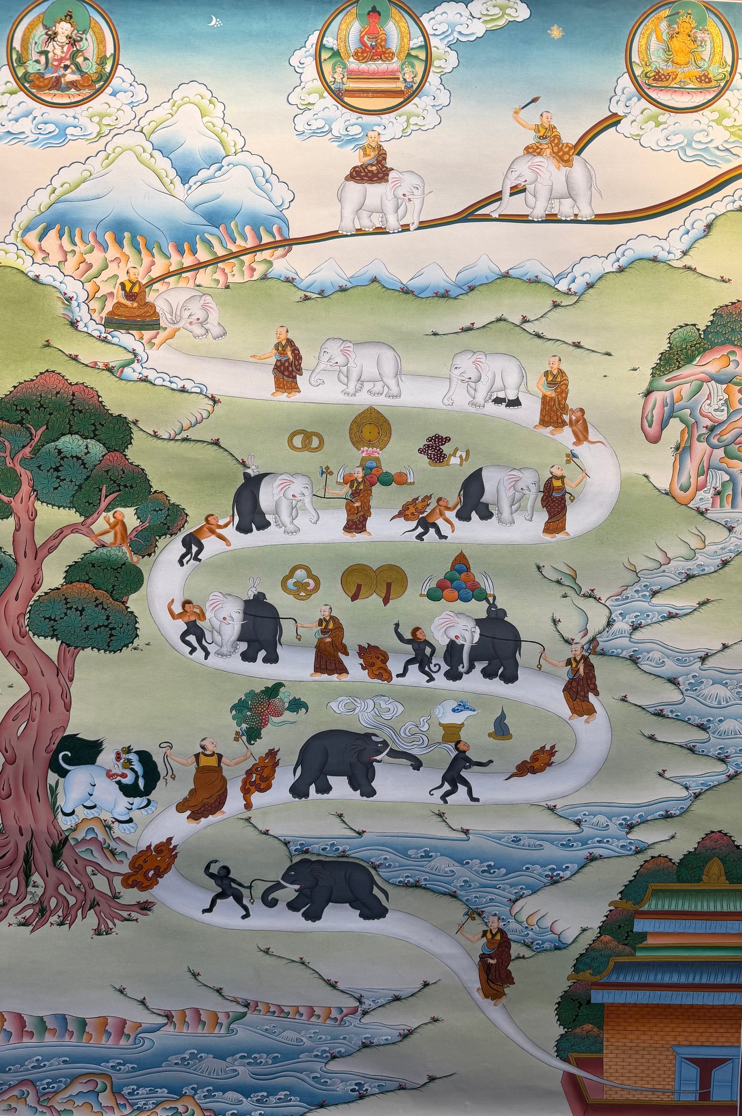 Meditation thangka painting with elephants, monks, and circular deity portraits, 9 stages scene