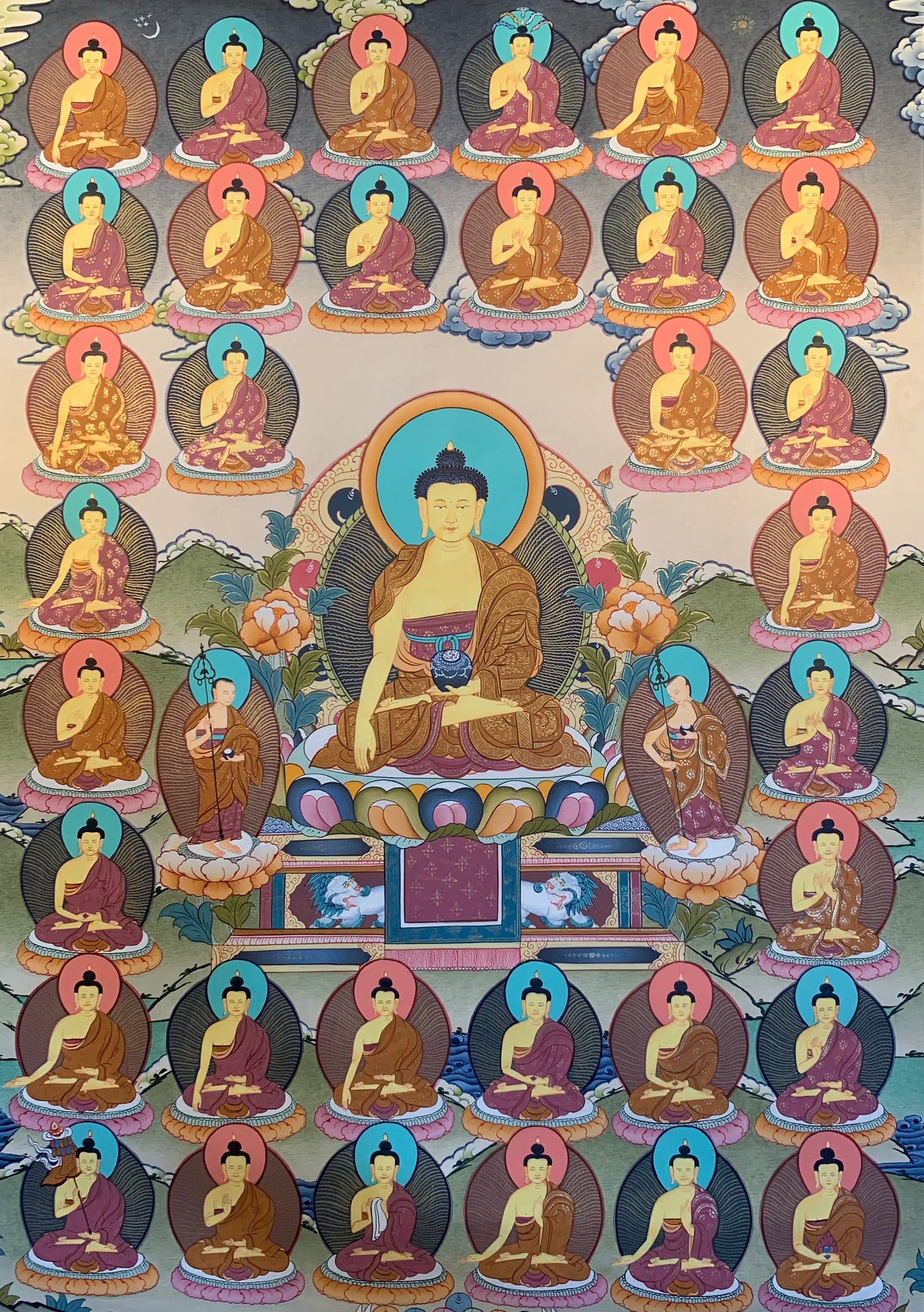 Shakyamuni Buddha and the Thirty-Five Buddhas of Confession Thangka Painting 60*45