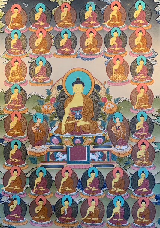 Shakyamuni Buddha and the Thirty-Five Buddhas of Confession Thangka Painting 60*45