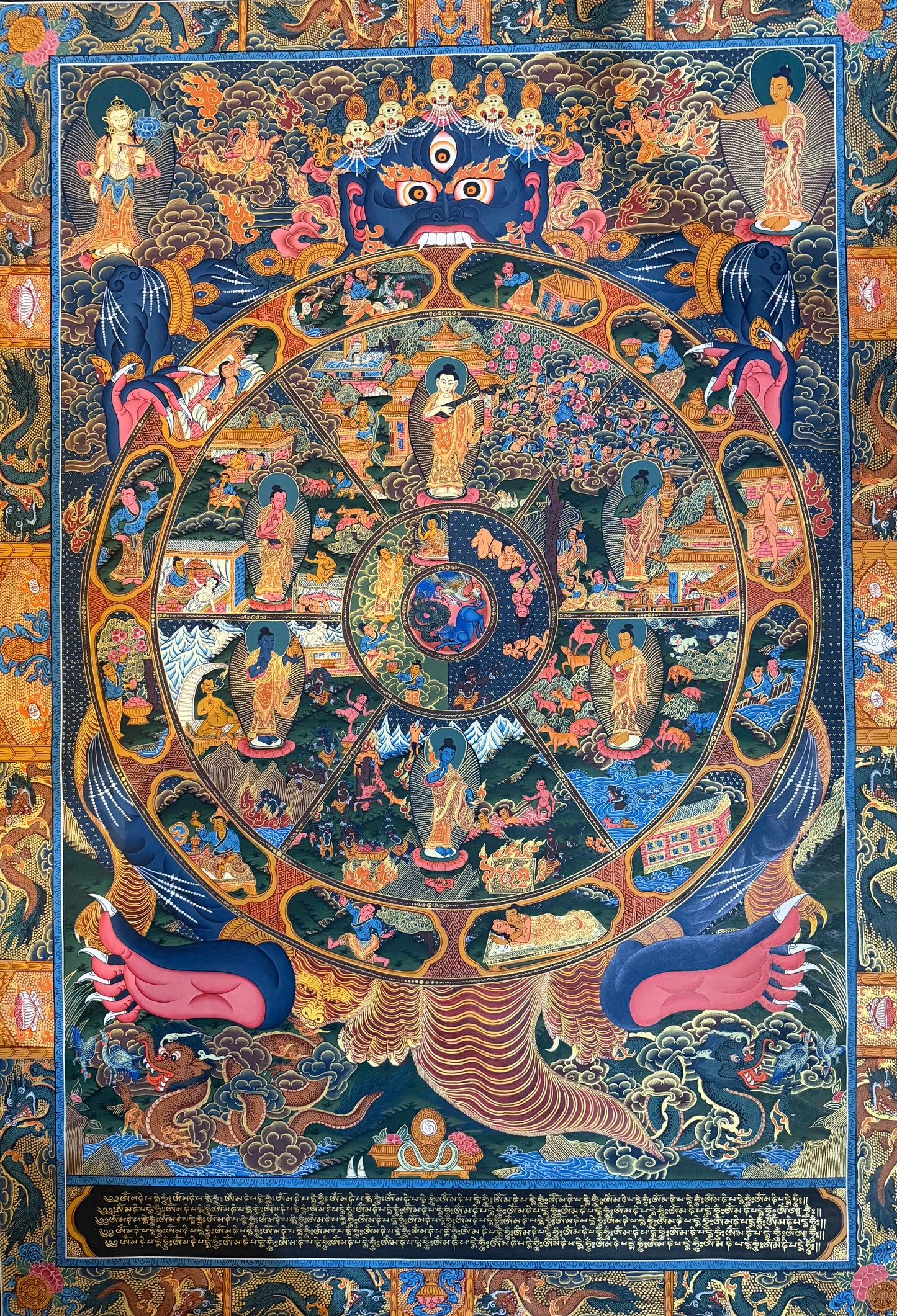 Wheel of Life thangka painting with blue, orange, and golden circular deity scene