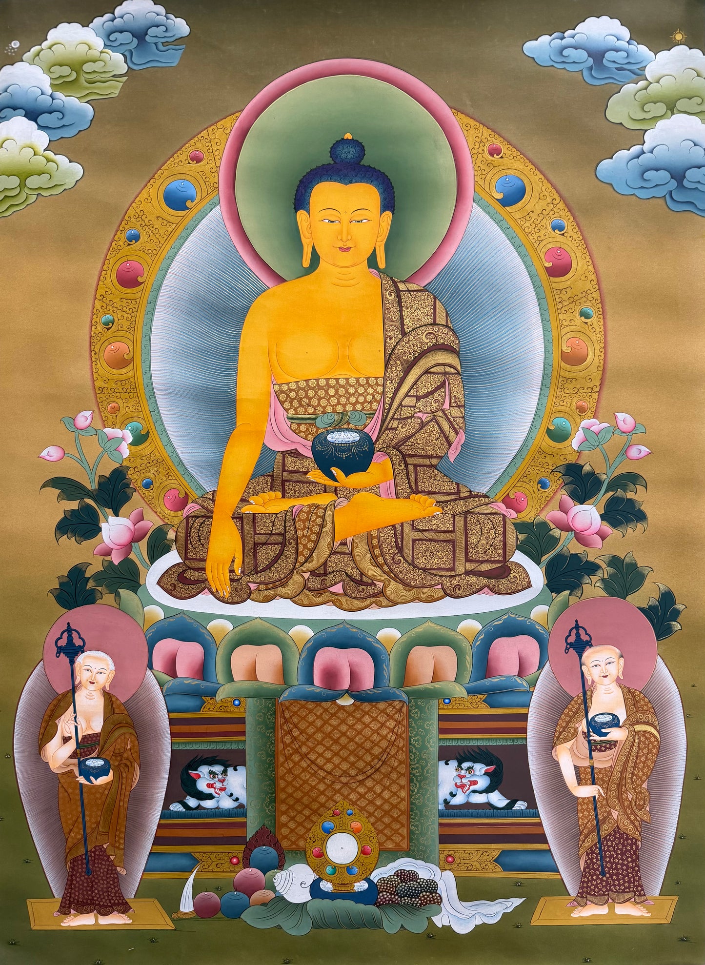 Buddha thangka painting with seated golden figure, halo, clouds, lotus base, two attendants