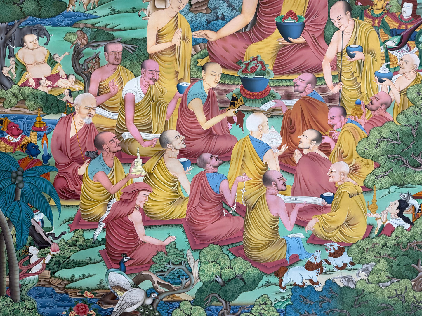 Thangka painting with central Buddha and many robed monks around offerings