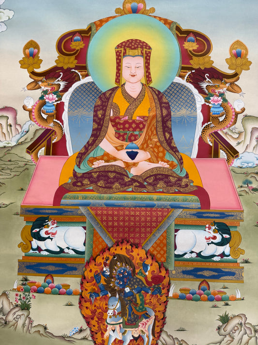 Thangka painting with front view of seated Buddha, haloed head, ornate throne and cushions