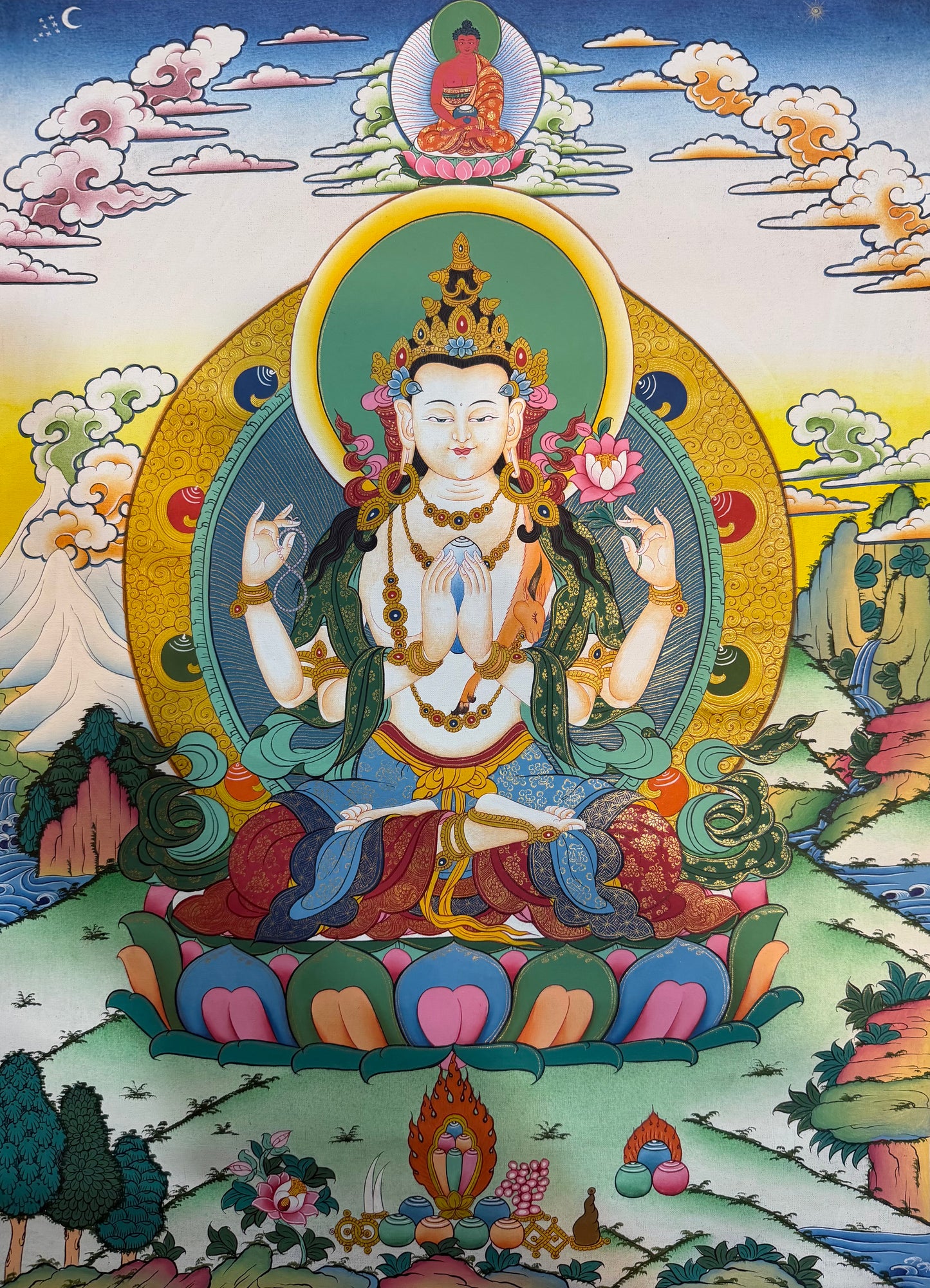 Chenrezig thangka painting with seated deity, halo, lotus pedestal and flowers
