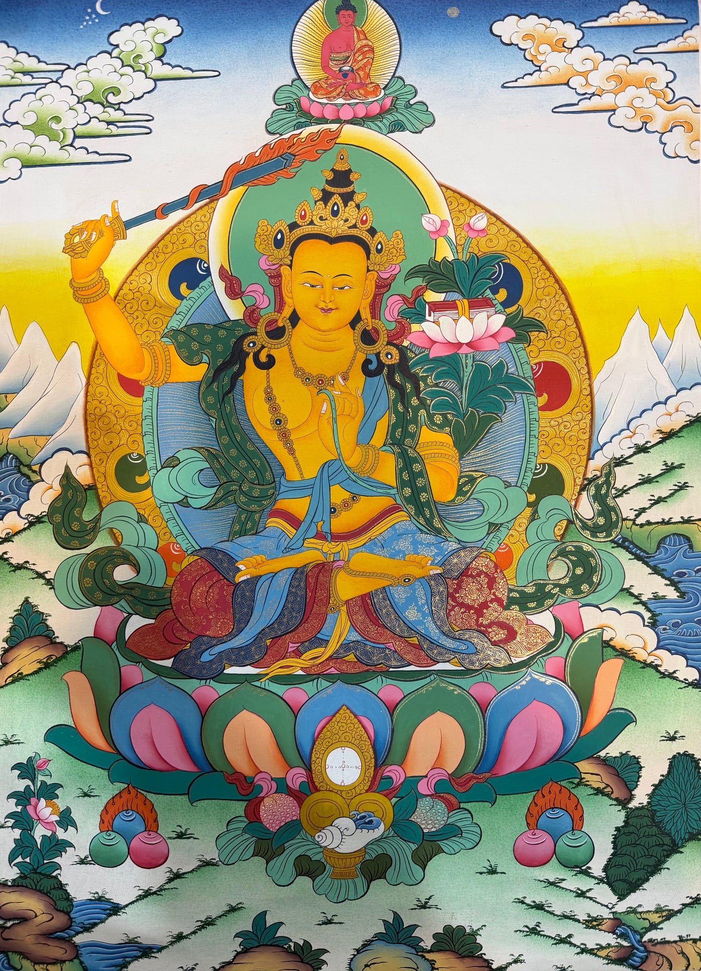 Seated golden Buddha thangka painting with halo and lotus base, colorful details.