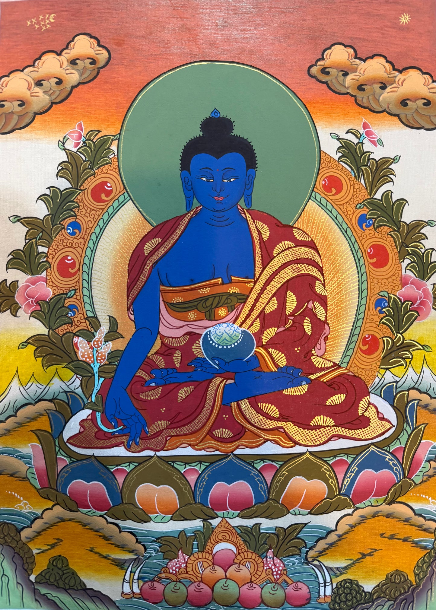 Medicine Buddha thangka painting, seated blue figure with halo and maroon robe