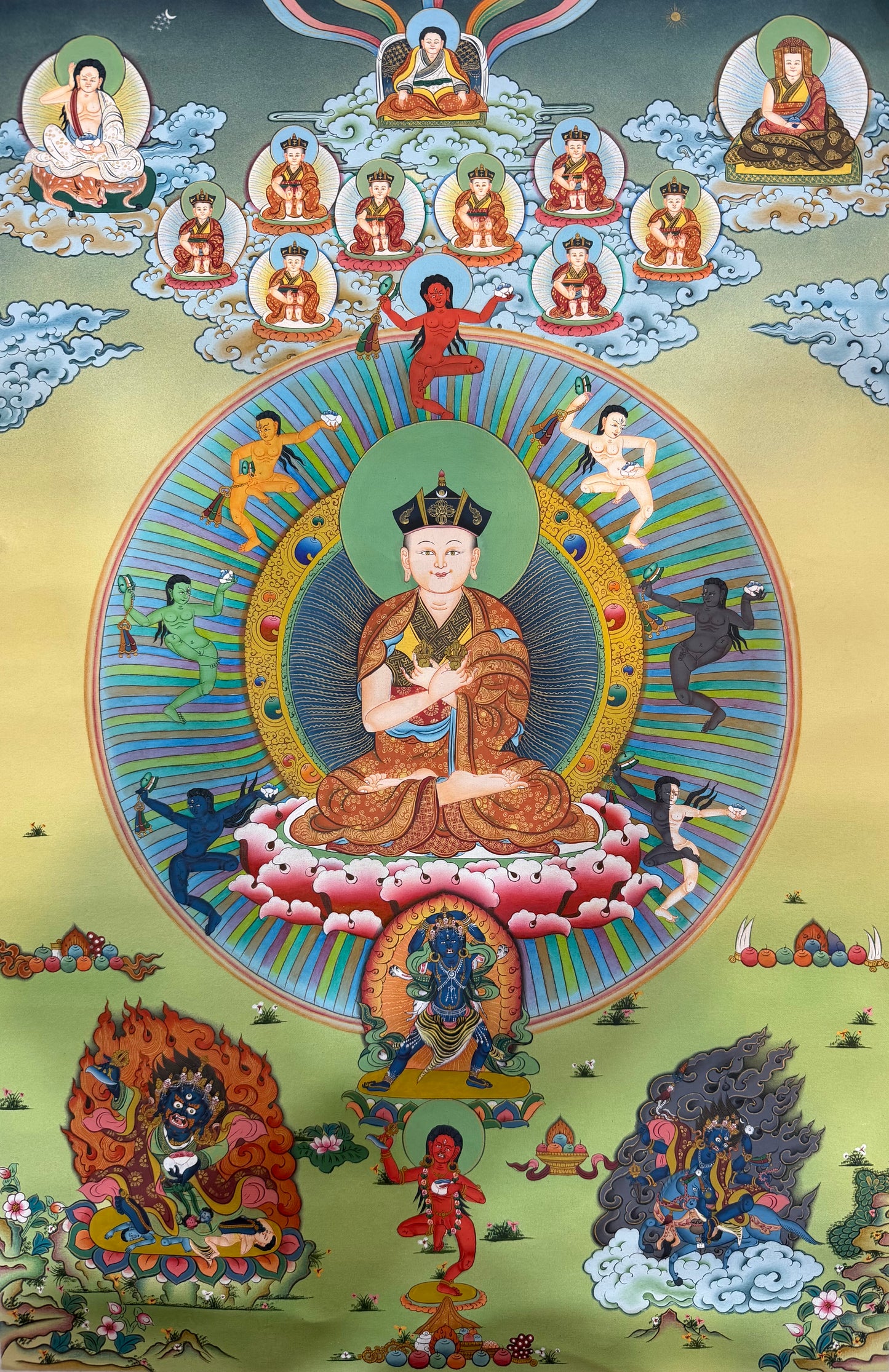 Thangka painting with central seated figure in circular halo, surrounded by small Buddhas