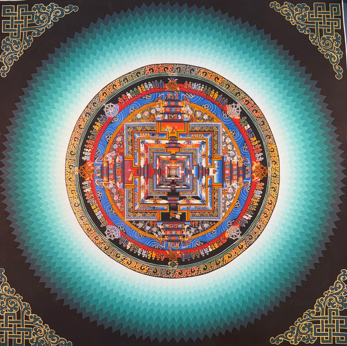 Kalachakra mandala thangka painting with intricate geometric patterns and a turquoise radial border
