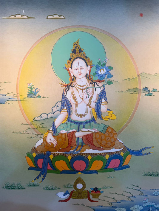 White Tara thangka painting of a seated goddess with halo and lotus, blue robes