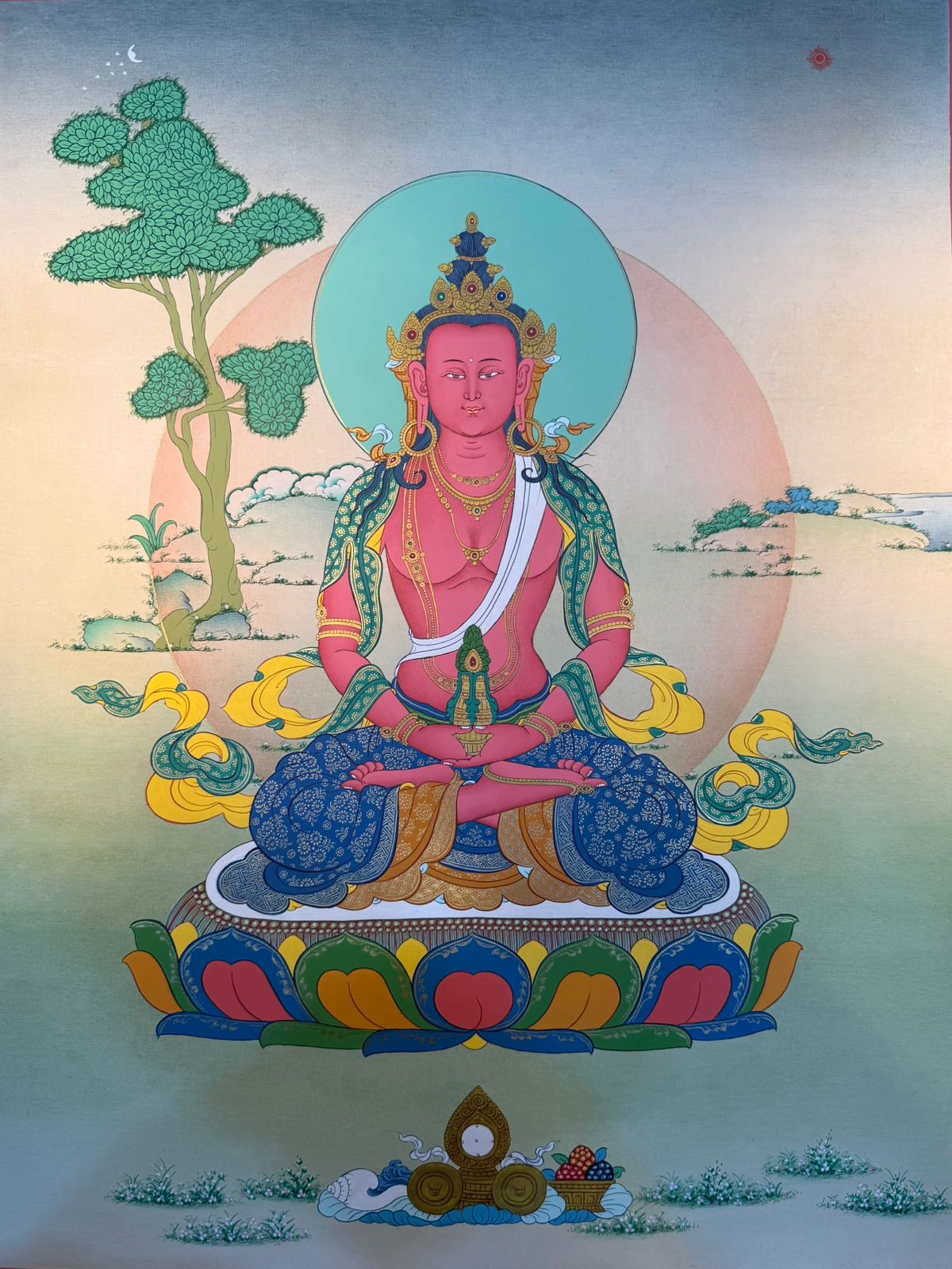 Buddha thangka painting with seated figure, blue robe, halo and lotus base, colorful details
