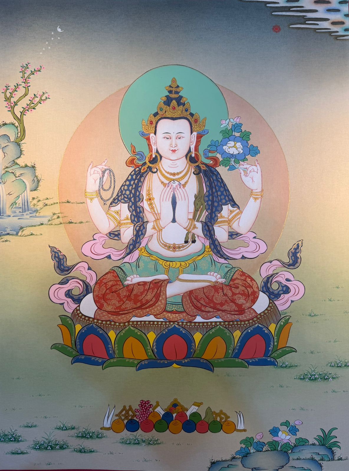 Chenrezig thangka painting: seated blue-skinned deity with halo, lotus seat and offerings