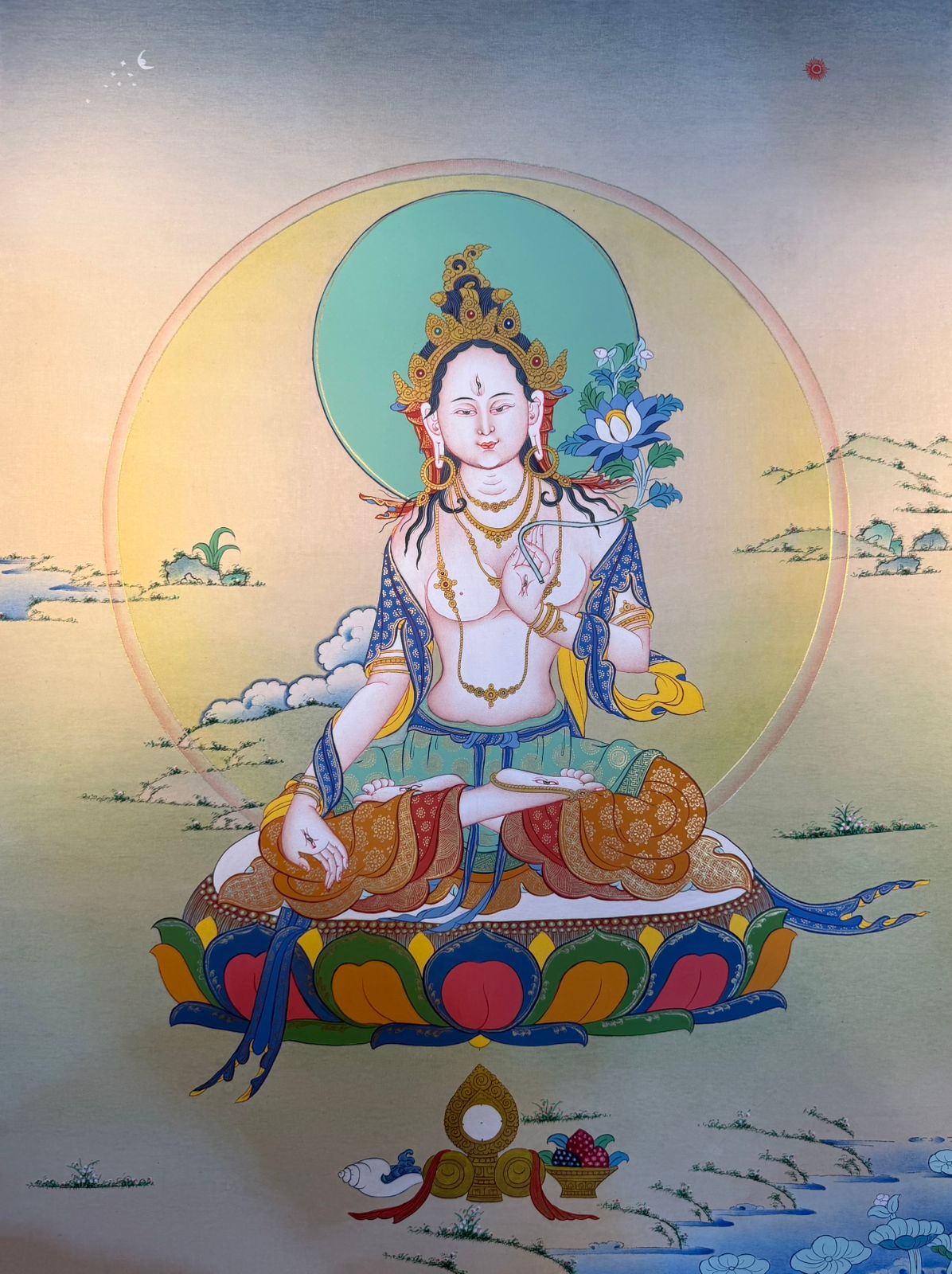 Tara thangka painting of seated goddess with halo, blue robes, lotus throne