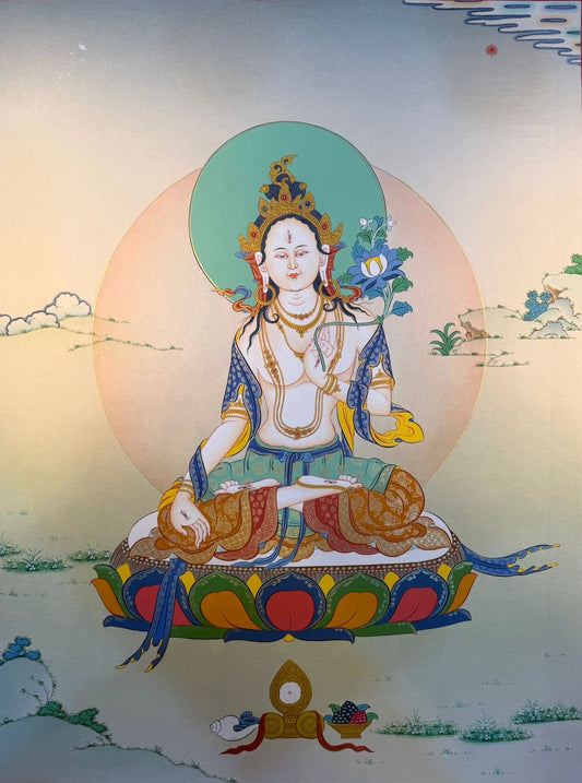 Tara thangka painting of seated goddess with blue robe and gold crown, halo