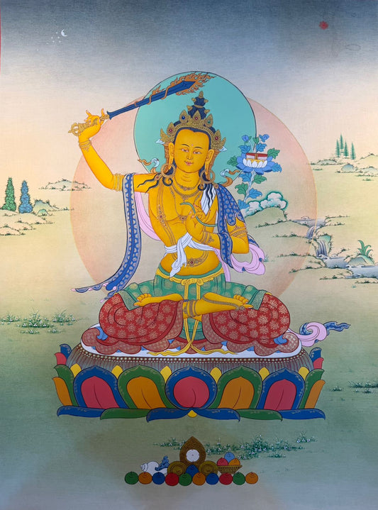 Manjushri thangka painting: seated blue deity with golden halo and colorful robes