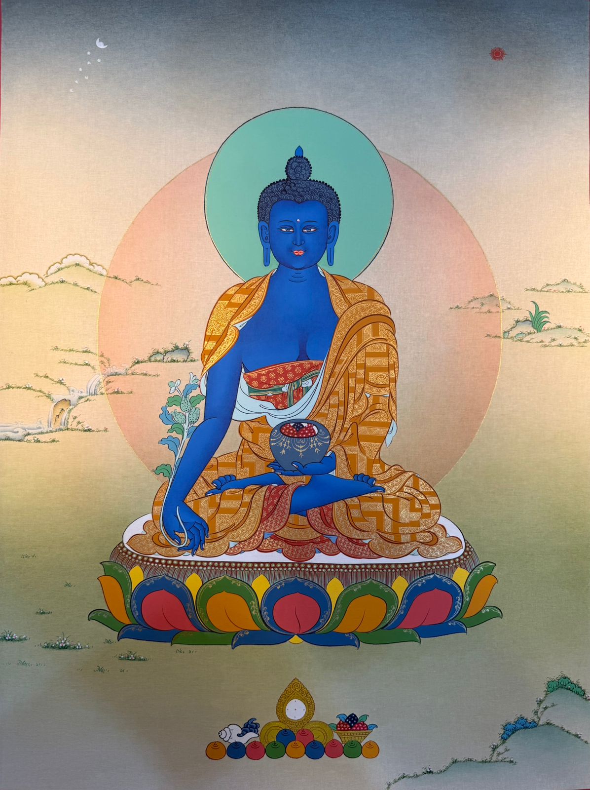 Buddha thangka painting showing a seated blue figure with halo and ornate robes on lotus