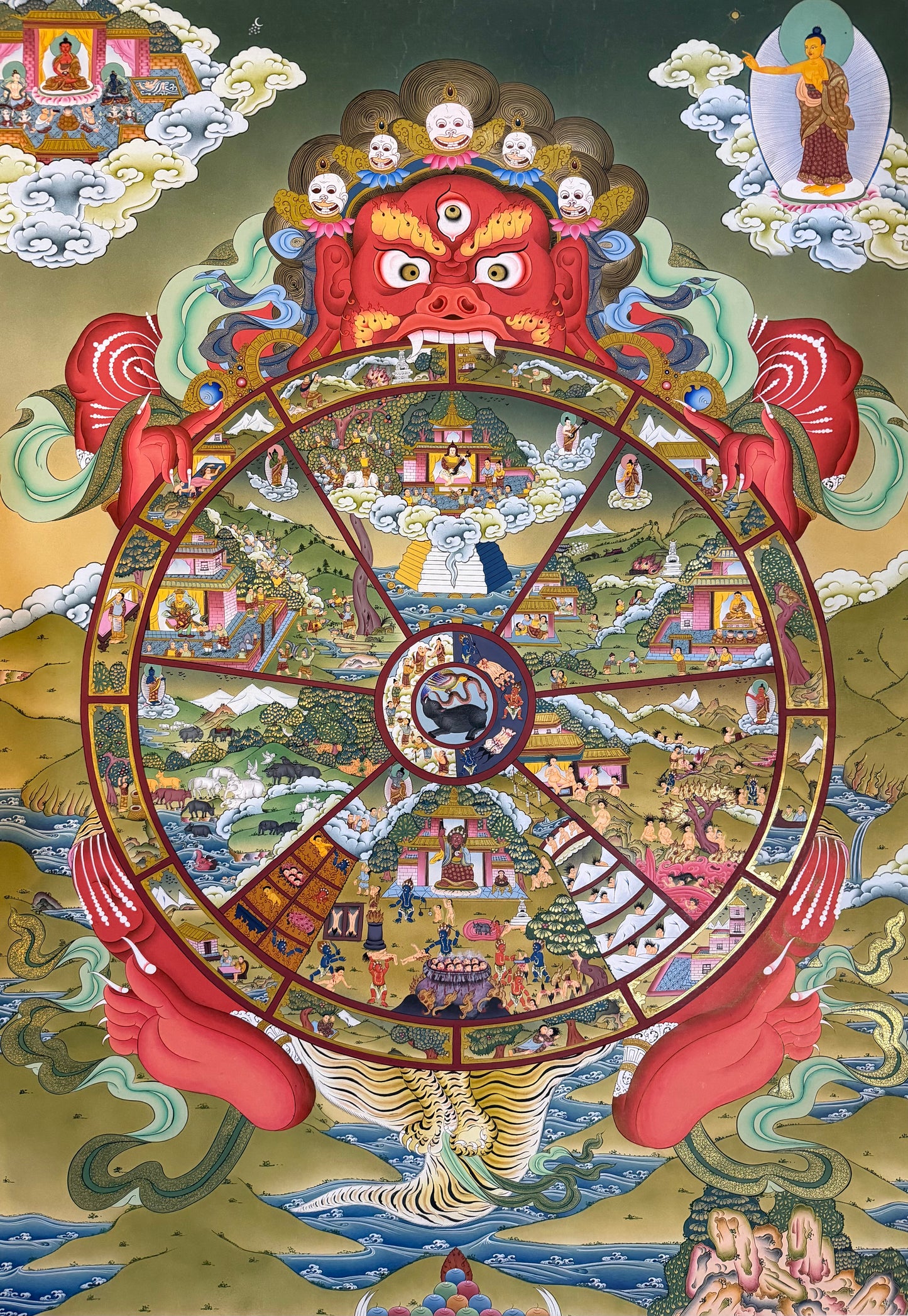 Wheel of Life thangka painting with central red demon face and circular scene wheel