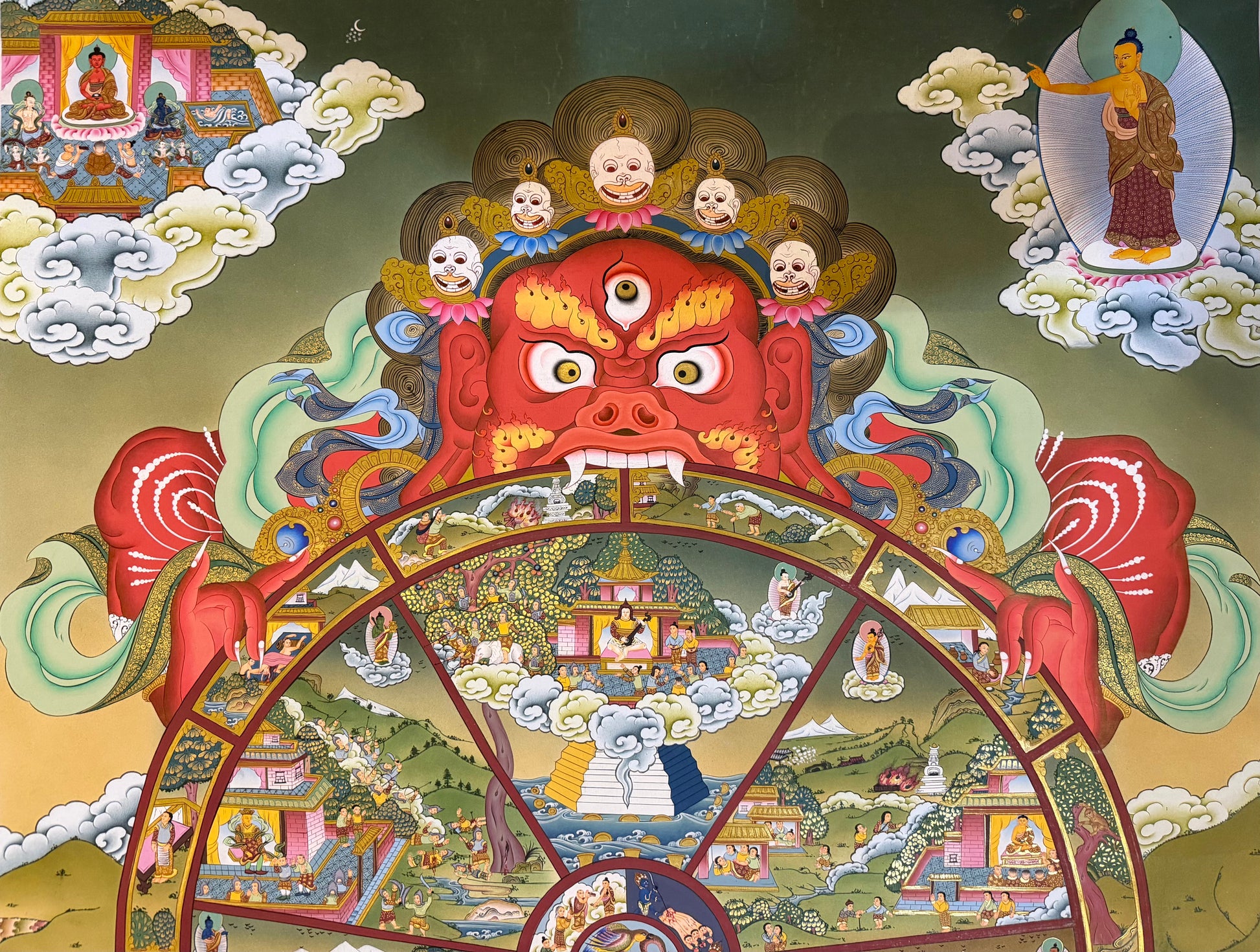 Thangka painting with central demon head above a circular mandala of scenes