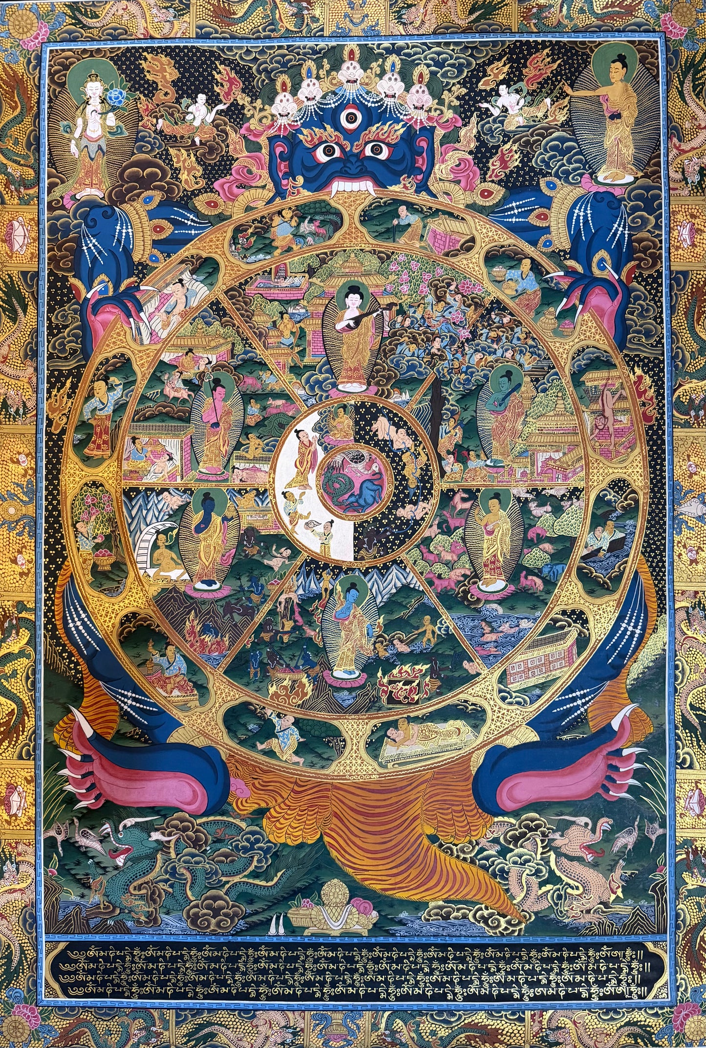 Wheel of Life thangka painting with circular diagram, deities, and colorful clouds