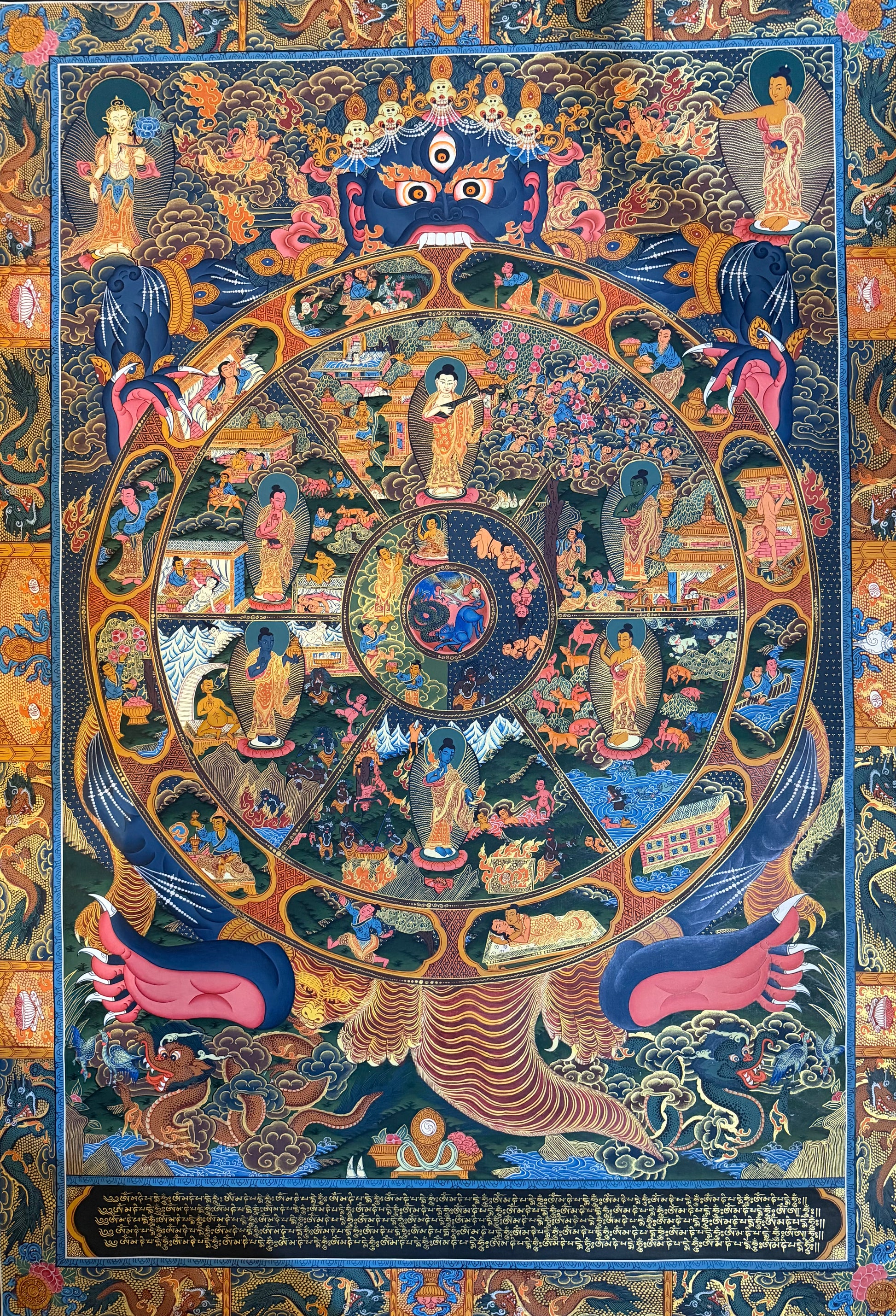Wheel of Life thangka painting with blue, orange, and golden circular deity scene