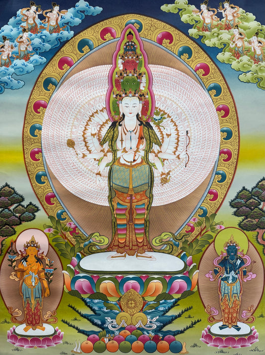Seated white-faced Avalokiteshvara thangka with pink-gold halo, lotus base, two side figures