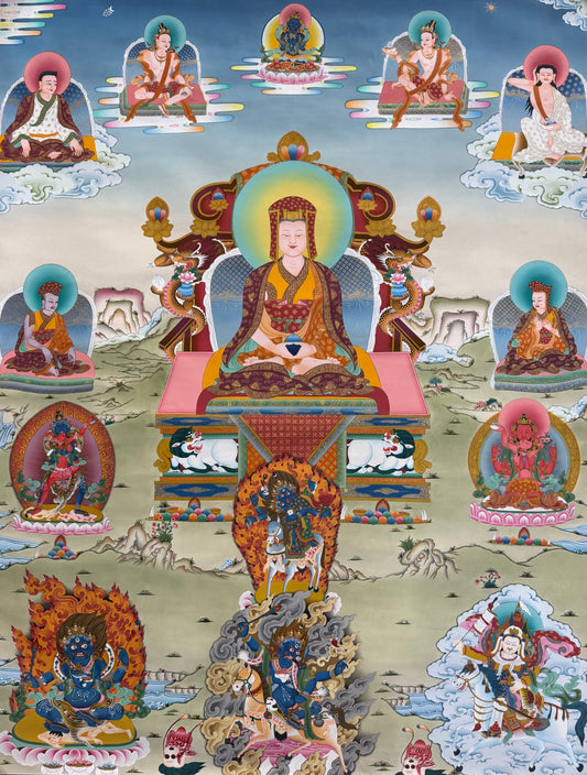 Colorful Buddhist mandala with central figure and surrounding deities