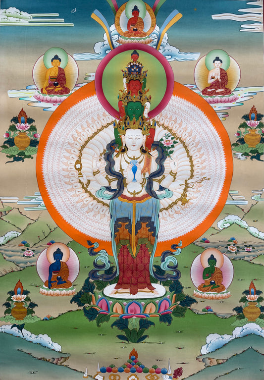Thangka painting of seated Avalokiteshvara with halo, ornate circular mandala and lotus