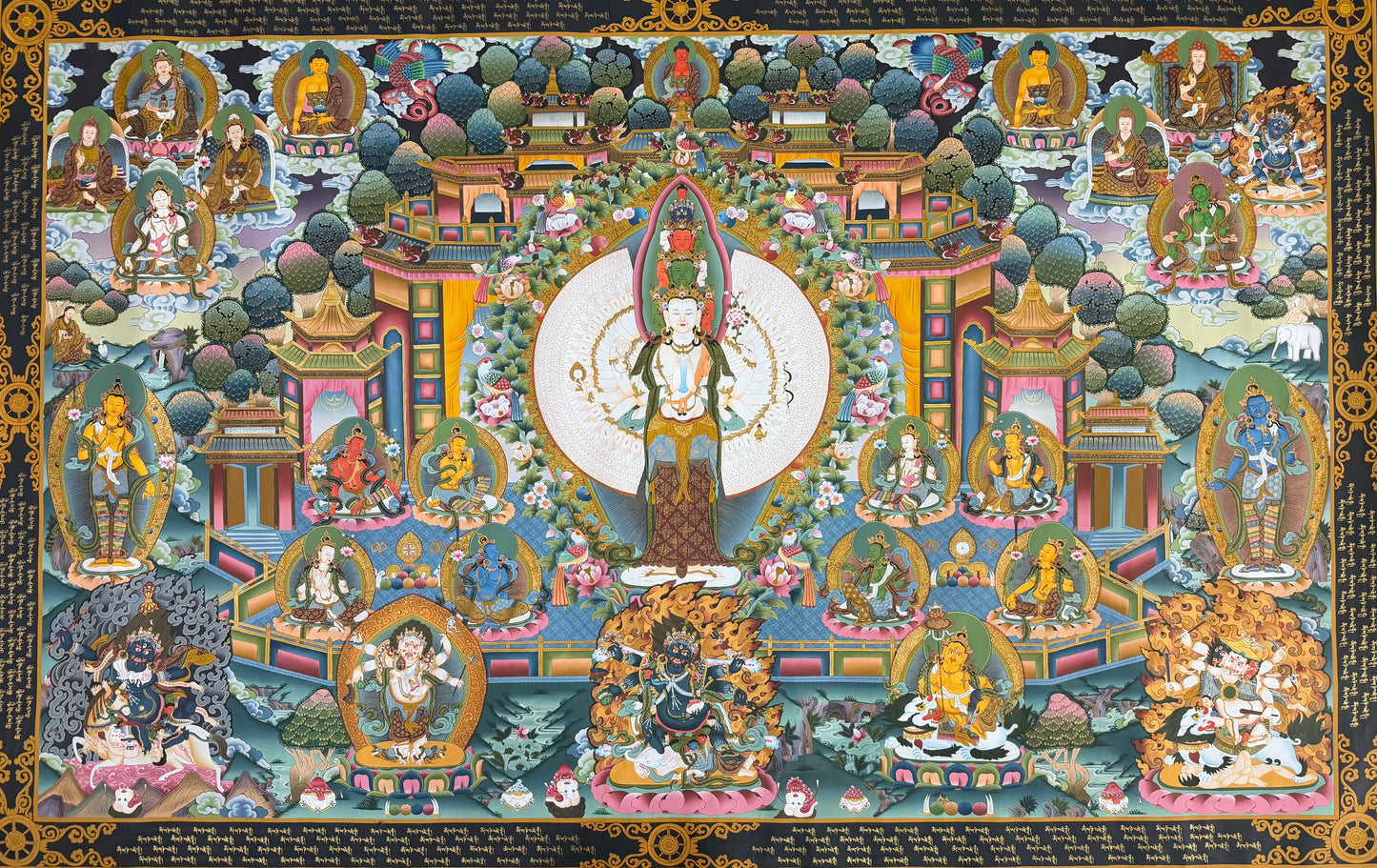 Avalokiteshvara thangka painting with central haloed deity and surrounding seated figures