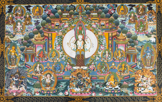 Avalokiteshvara thangka painting with central haloed deity and surrounding seated figures