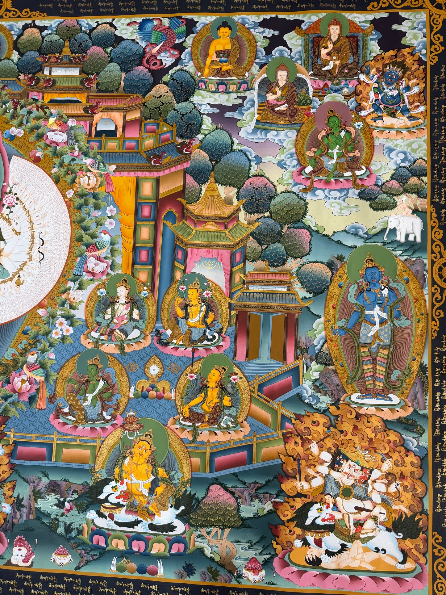 Avalokiteshvara thangka painting, side view with buildings, animals, and seated Buddhas