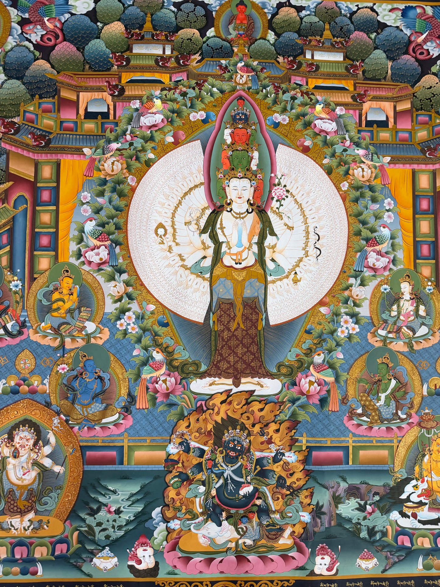 Avalokiteshvara thangka painting with large white halo deity and colorful flower background