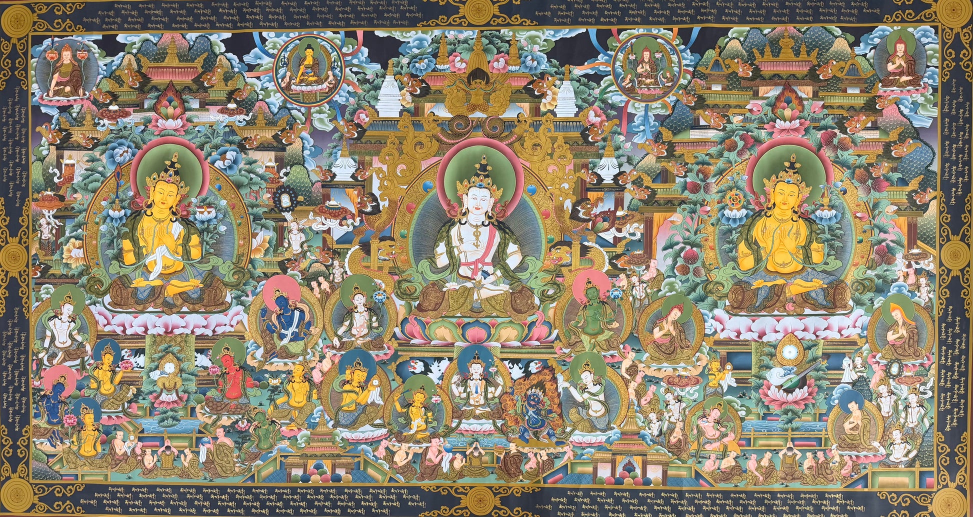 Thangka painting featuring a seated golden deity with halo, surrounded by many figures