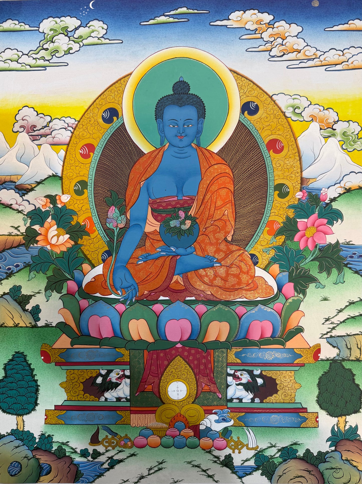 Thangka painting of seated blue Buddha with gold halo and orange robe, surrounded by flowers.