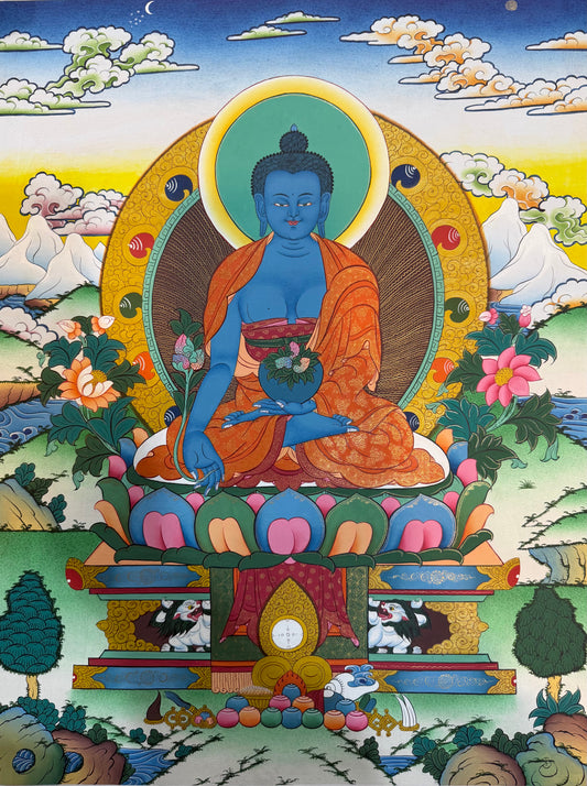 Thangka painting of seated blue Buddha with gold halo and orange robe, surrounded by flowers.