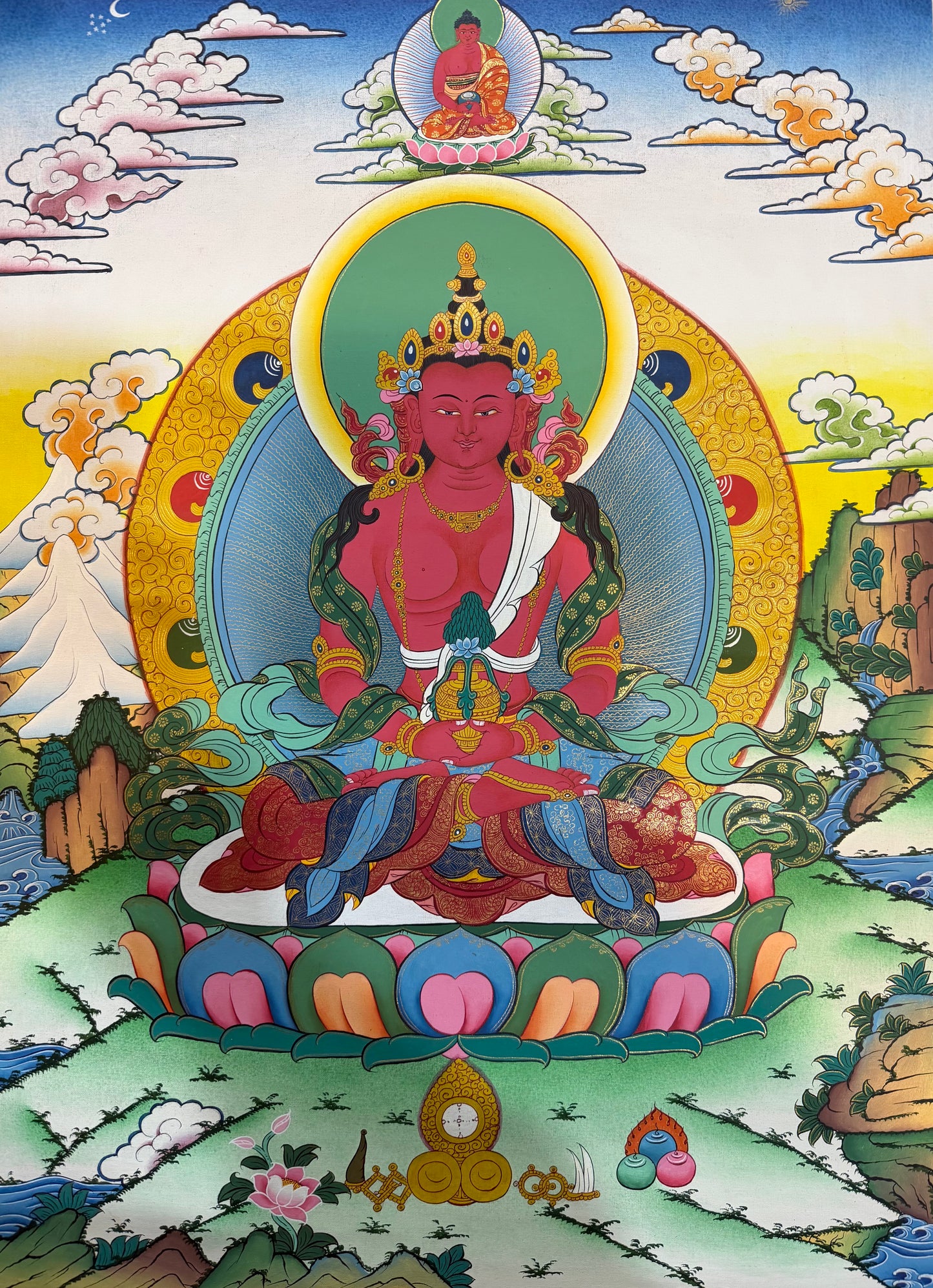 Amitayus Buddha thangka painting with seated blue Buddha in green halo, on multicolor lotus.