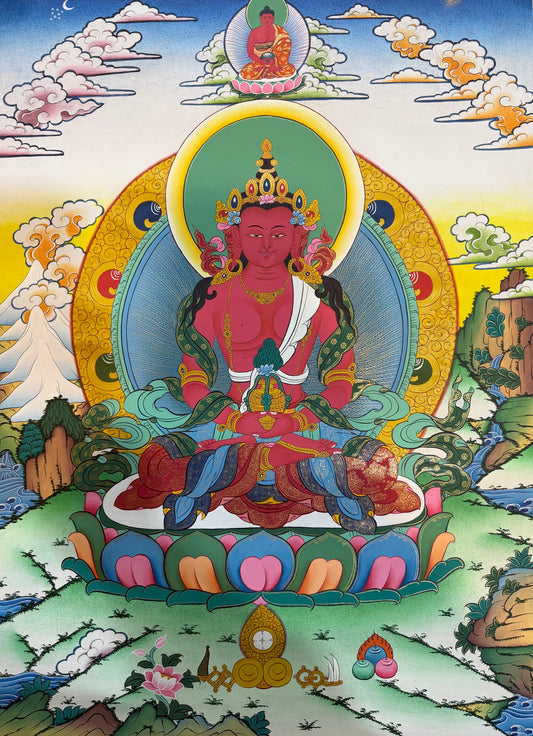 Amitayus Buddha thangka painting with seated blue Buddha in green halo, on multicolor lotus.