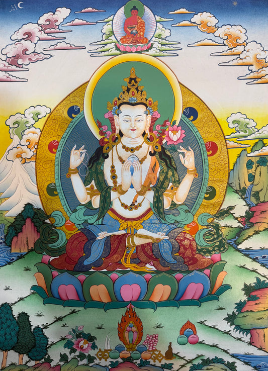 Chenrezig thangka painting with seated deity, halo, lotus pedestal and flowers