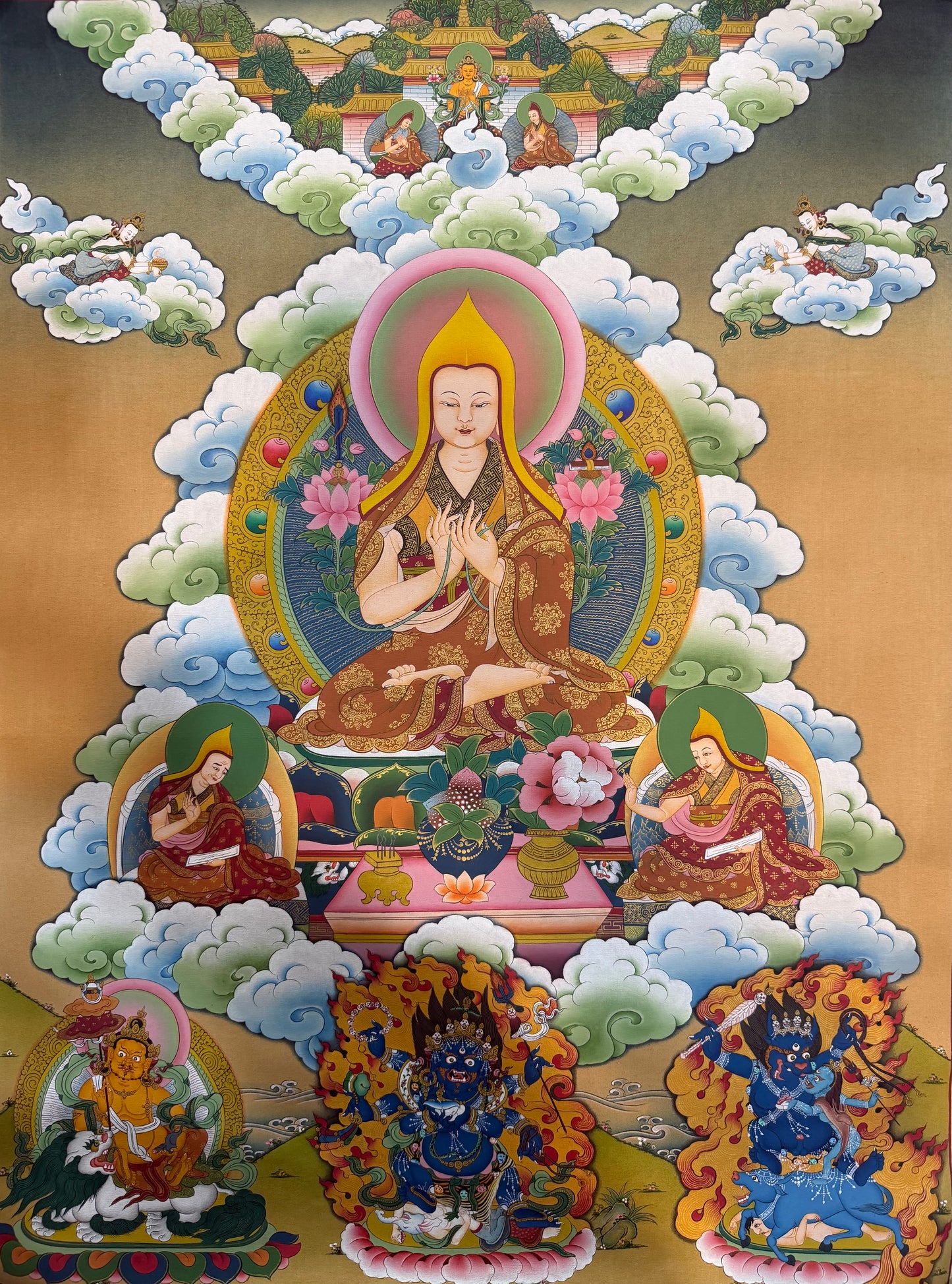 Je Tsongkapa thangka painting with seated Buddha in halo, surrounded by cloud and figures