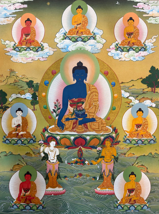Medicine Buddha thangka painting with central blue seated figure, halo, clouds and four side Buddhas