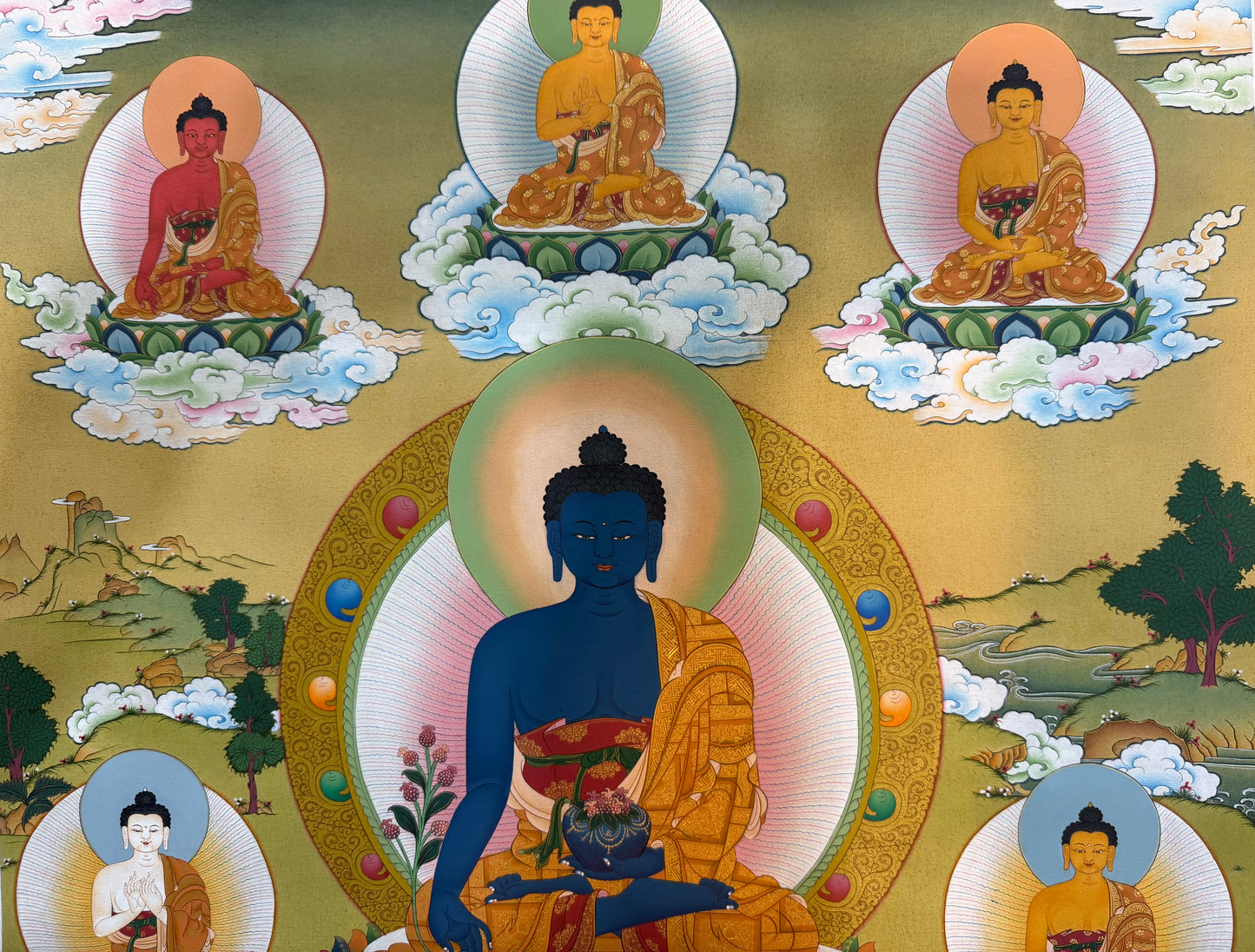 Medicine Buddha thangka painting with central blue Buddha meditating, halo clouds, and side figures