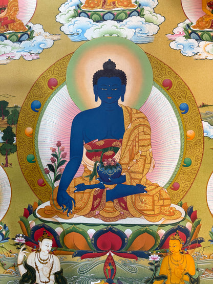 Medicine Buddha thangka painting close-up of blue Buddha seated with raised palm, halo and offerings