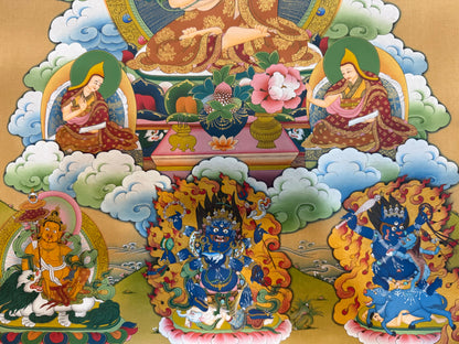 Je Tsongkapa thangka painting lower scene with seated attendants, lions, and flame halos