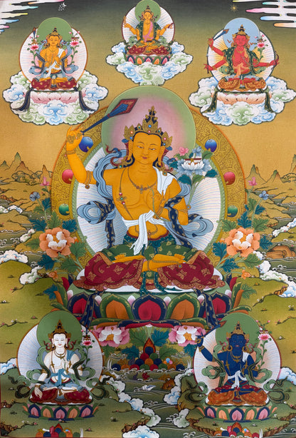 Thangka painting of seated blue-gray deity with pink lotus, flanked by figures on clouds