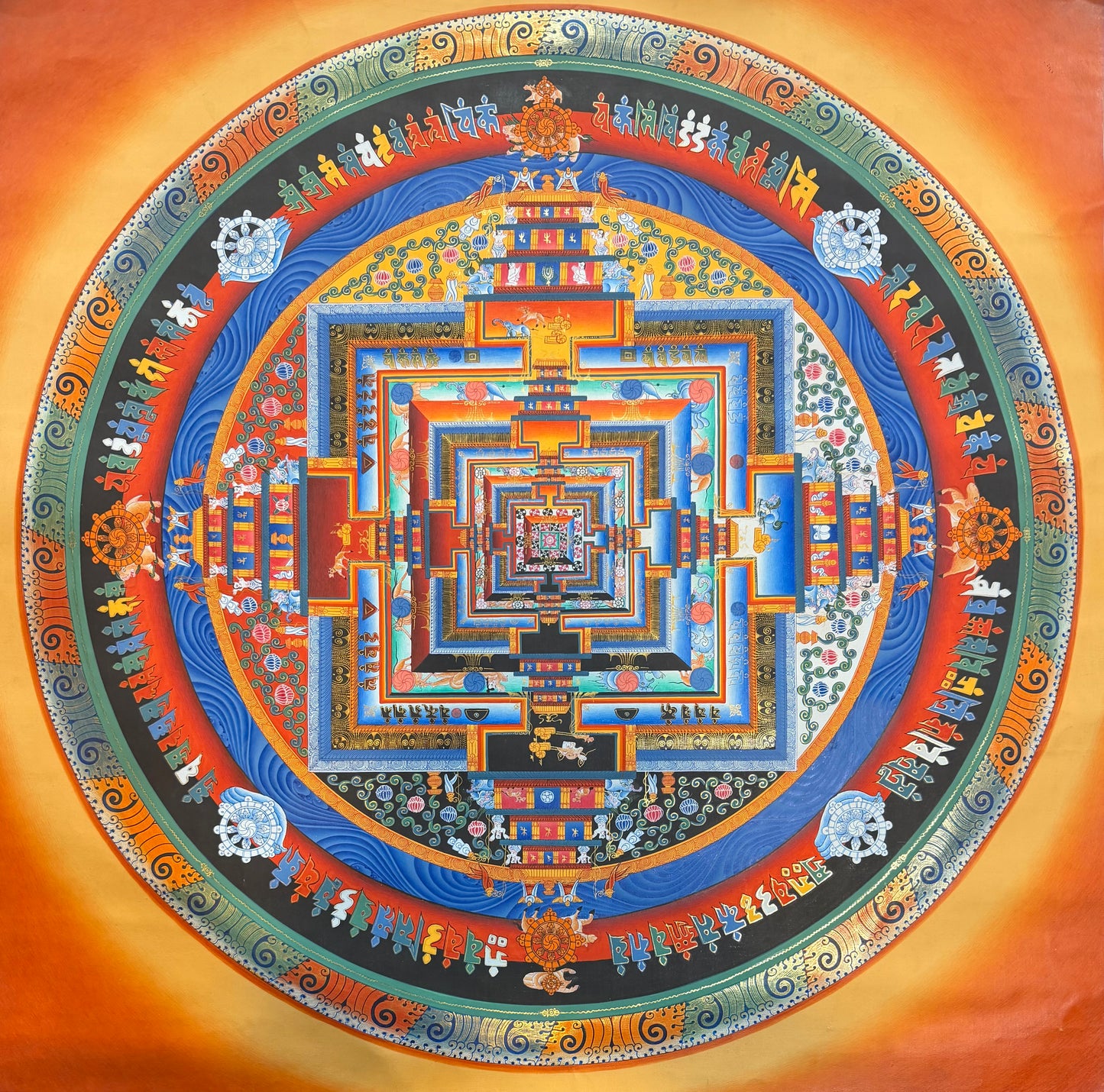 Kalachakra mandala thangka painting with circular multicolor geometric design