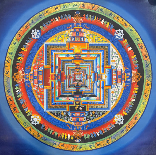 Kalachakra mandala thangka painting with ornate circular geometric design and central square