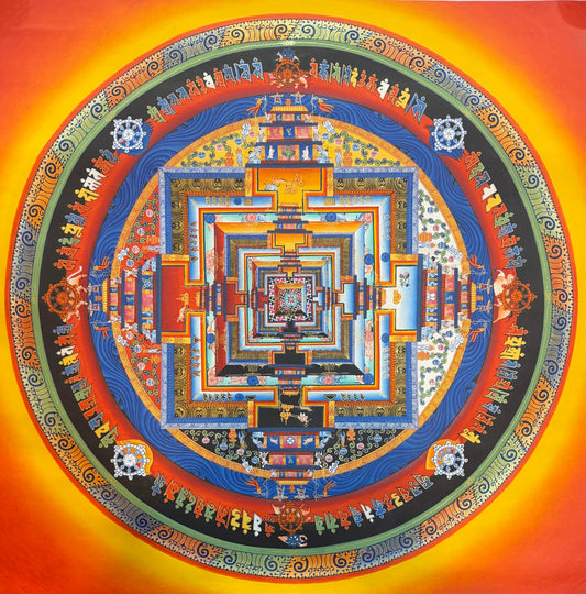 Kalachakra mandala thangka painting with concentric geometric circle in blue, gold, and red