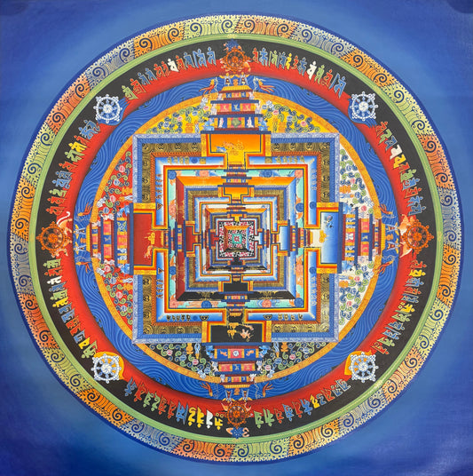 Kalachakra mandala thangka painting, circular multicolor geometric design with ornate border