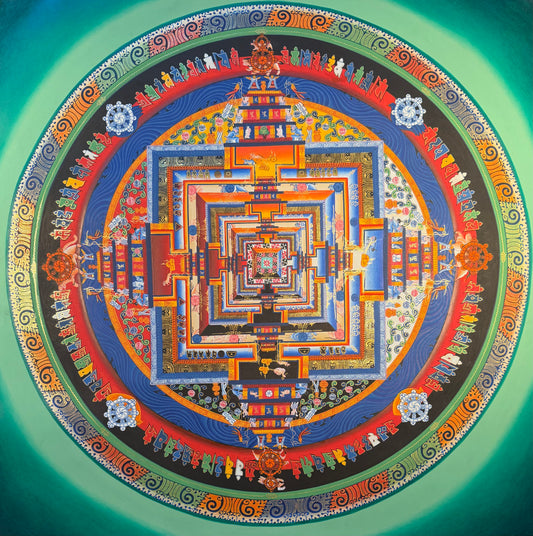 Kalachakra mandala thangka painting with circular colorful geometric design and central figure